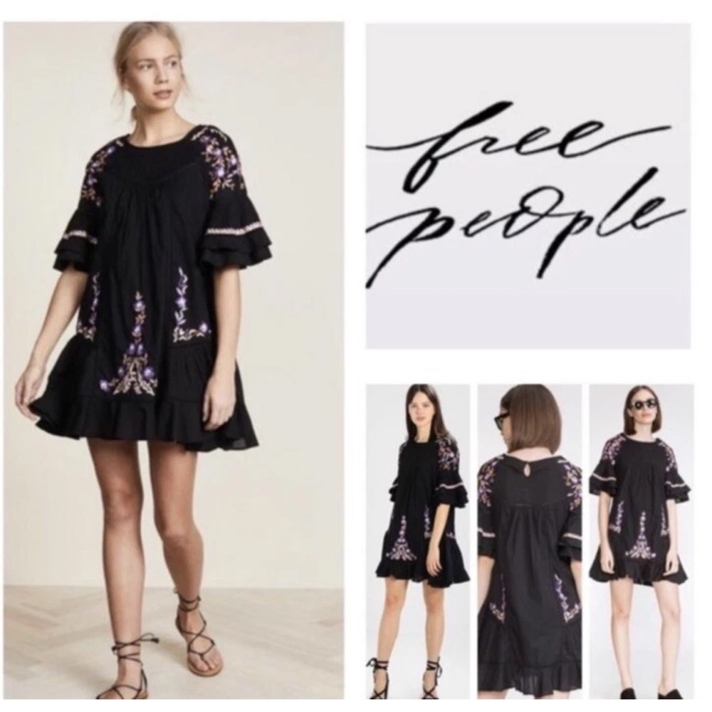 Free People Pavlo Embroidered Ruffle Mini Dress Black Women’s  Size Small - Picture 14 of 14